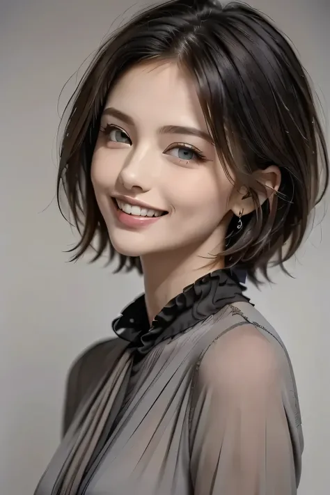 ((masterpiece)), (( best quality)), ((8k)), (( surreal)), ((Realistic)), (Mature), ((No classes)), very detailed, (1 female), Beautiful and exquisite, (Beautiful Teeth), Grin, brunette pixie cut, Brown Eyes , ((blouse)), ( upper body), ((background: mon...