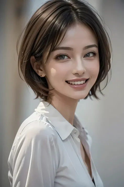 ((masterpiece)), (( best quality)), ((8k)), (( surreal)), ((Realistic)), (Mature), ((No classes)), very detailed, (1 female), Beautiful and exquisite, (Beautiful Teeth), Grin, brunette pixie cut, Brown Eyes , ((blouse)), ( upper body), ((background: mon...