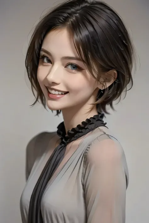 ((masterpiece)), (( best quality)), ((8k)), (( surreal)), ((Realistic)), (Mature), ((No classes)), very detailed, (1 female), Beautiful and exquisite, (Beautiful Teeth), Grin, brunette pixie cut, Brown Eyes , ((blouse)), ( upper body), ((background: mon...