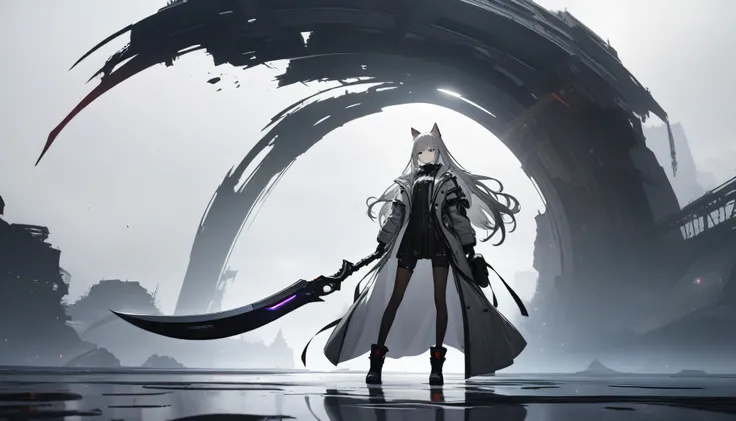 32K,  best quality, 超 high definition ,  high definition , 超 high definition , High-definition CG, unity 32K wallpaper, dark, Futuristic,  silhouette of a girl with cat ears and long hair, Flowing coat,  mechanical cat carrying a giant scythe with a built-...