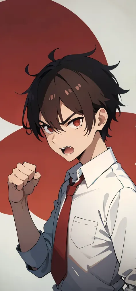 anime boy wearing white shirt, red tie, school shirt, angry , first, yelling , sleeves fold, school boy, angry , punch, teen, ma...