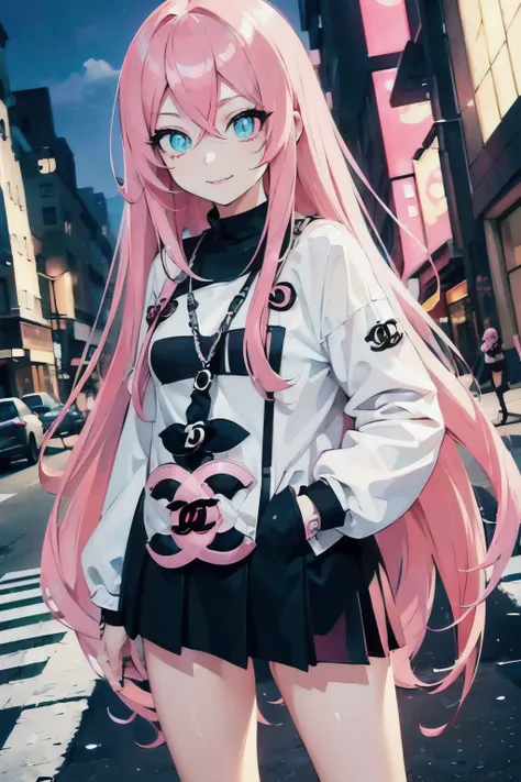 (street snap, wearing chanel and looking happy. )(((masutepiece))) fullllbody(1 girl)((pink hair, long hair,straight hair,two si...