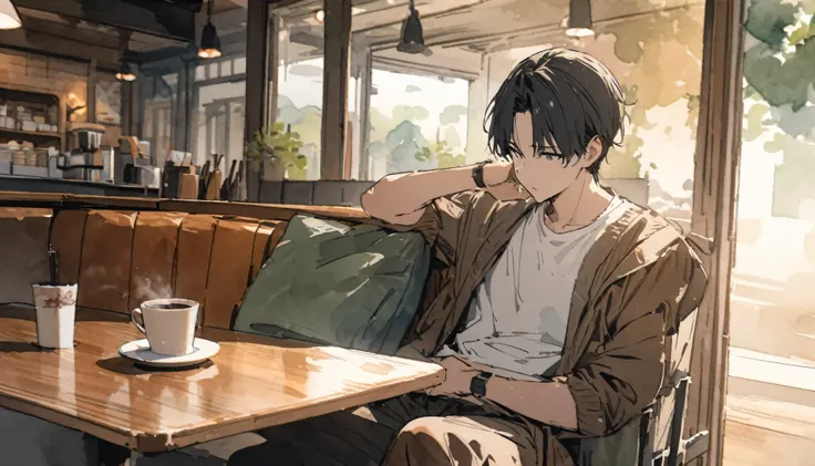 masterpiece,最 High Quality , Very detailed, High Resolution Background ,8k, nothing, High Quality ,break,Japanese manga style , sketch, Watercolor colors,Cozy cafe,Old interior, stylish interior,,slowly,relax,coffee, A boy is sitting on a chair ,Alone,Lets...