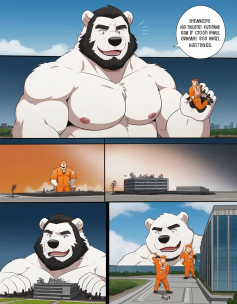 Scribble polar bear face,furry(polar bear),pummelig, fat belly,  Muscular arms,( black eyebrows : 1.1), (good-natured eyes ), Scar over the eye , Red pupils,  slate scar on the eye , Alone, (artist: takemoto arashi), looks menacing , (prisoners, criminally...