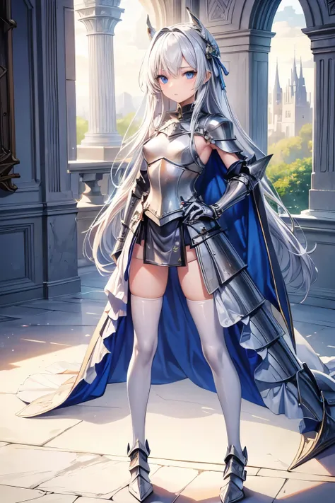 masterpiece, best quality, Very detailed, pretty girl, teenager, smaller breasts, thin waist,Female Knight,full body armor,Cape, perfect eyes, so cute,slender,Castle gate