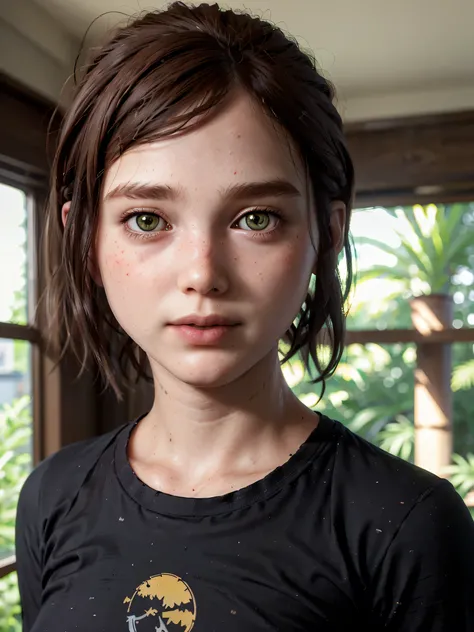 A stunning and intricate full color Ultra-HD portrait, a girl, short brown hair, green eyes, ((detailed face:1.5)), ((cute face:1.3)),((flat chiest:1.5)),turtleneck dress or brown t-shirt, with 2 pale yellow palm tree logo, in a room with a window. no plan...