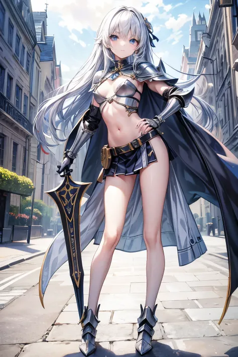 masterpiece, best quality, Very detailed, pretty girl, teenager, smaller breasts, thin waist,Female Knight,full body armor,Cape, perfect eyes, so cute,slender,Castle gate,active pose