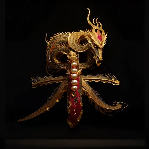 hjydragonlinetext,white jade,ruby,gem,pearl,chinese dragon,no humans,((black background)),scales,gold line,Golden contour line,((masterpiece)),((best quality)),Traditional Chinese patterns,smooth,sleek,ruby