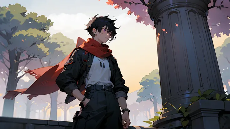 1male,Spiked Messy Black Hair,Modern Undercut Hair, Somber expression, Purple Eyes , White Longsleeve Shirt ,Ear Piercings, Red Scarf, Teen Male, lean muscular build,Baggy black cargo pants, Standing Ontop of a pillar in the center of a village, Trees in t...