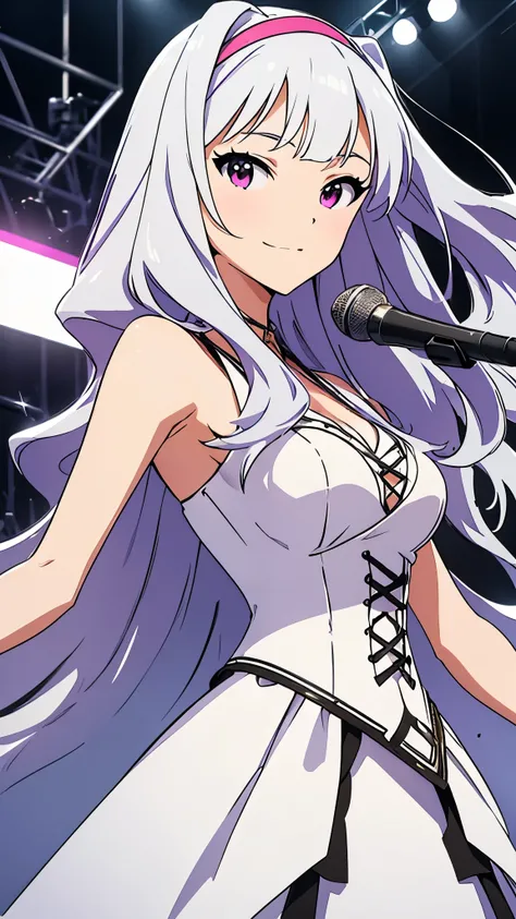 (beautiful woman: 1.3), takane shijou, white long hair, BREAK, white dress, sleeveless dress,layered dress, cross-laced dress, corset, cool look, wide, on a grand stage, (cinematic angle), idol concert, singing, looking at viewer, stage, white curtain, sta...