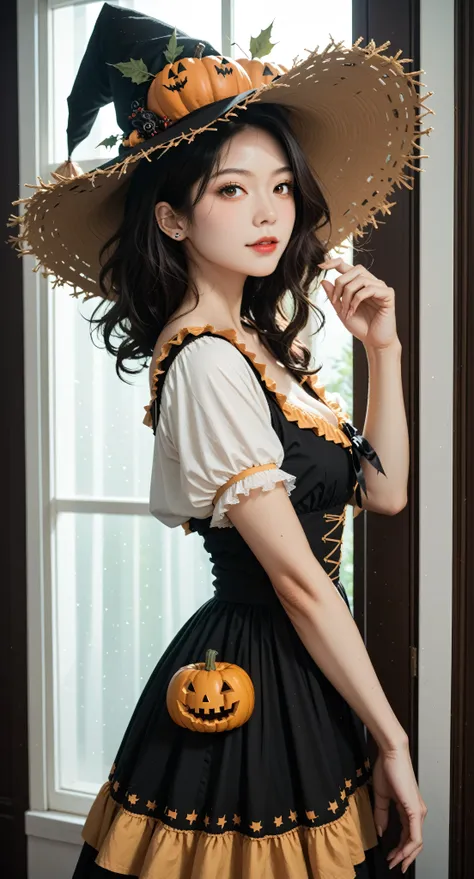 Adorable vampire woman, wearing home shirt gown, more_than_one_pose , upper body shot, masterpiece, hyper details, intricate details, beautiful bob hairs, beautiful shorts,score_9, score_8_up, score_8,,score_7_up, Halloween decorations, Halloween theme, (w...