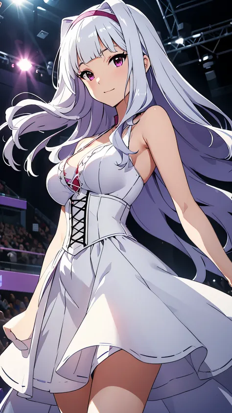 (beautiful woman: 1.3), takane shijou, white long hair, BREAK, white dress, sleeveless dress,layered dress, cross-laced dress, corset, cool look, wide, on a grand stage, (cinematic angle), idol concert, singing, looking at viewer, stage, white curtain, sta...