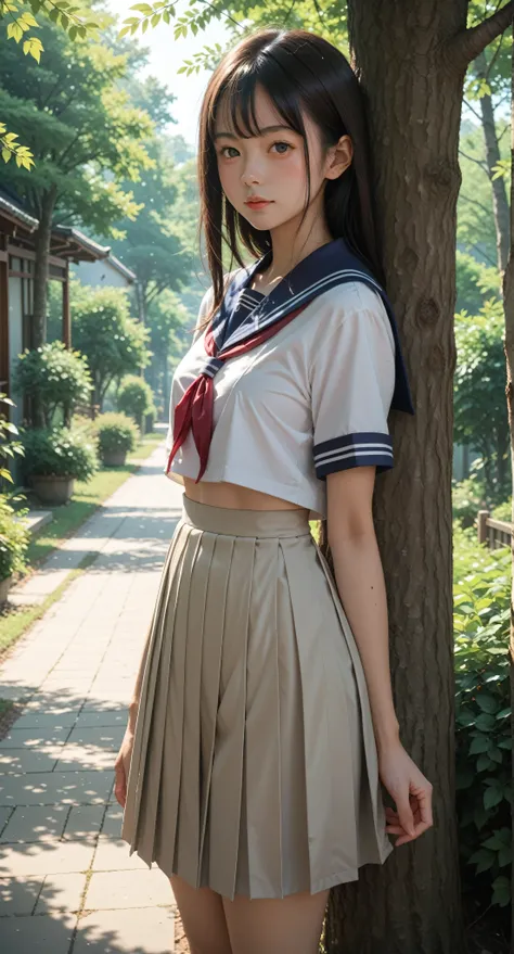 score_9, score_8_up, score_7_up, japanese girl, school uniform, serafuku, looking at viewer, outdoors , blue sky, tree, dappled ...