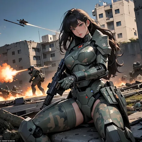 nsfw, very long shot, ANIME SCREENCAP, 16k, perfect anatomy proportion body,  action,  dynamic composition with a sense of speed and dynamism , camo robotic heavy armor full armor powered suit, ( large group of sexy female snipers having a shootout in the ...