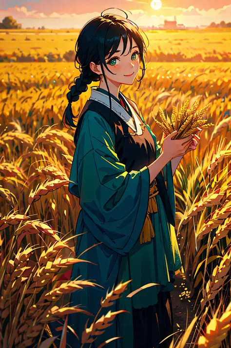 5. The character：Ethnic minority girls，Long black braided at the top of the head，Dark green eyes are bright and clear，She wore a cheerful and enthusiastic smile，Dressed in traditional costumes，Clutching a handful of golden ears of wheat in his hand。 scene：...