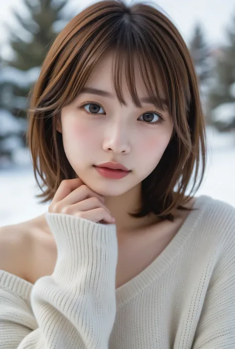 Beautiful white and radiant skin、 Chestnut hair that changes with light 、long bangs that block the view between the eyes 、 Cheek Gloss Highlights 、 sexy and very beautiful lovely amazing face、  Worlds Most Beautiful Face  、 short bob、 Straight Smooth Hair ...