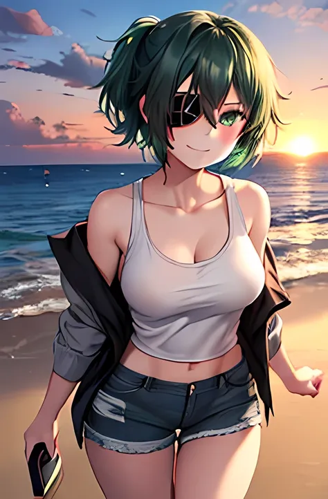  one girl who is at ease， green hair， shortcut，eyepatch(right eye)， green eyes(left eye) watching here，smile， Modest Breasts ， black tank top，Grey shorts，gray outerwear (Shoulder Bare)，barefoot，sea， standing，sunset，