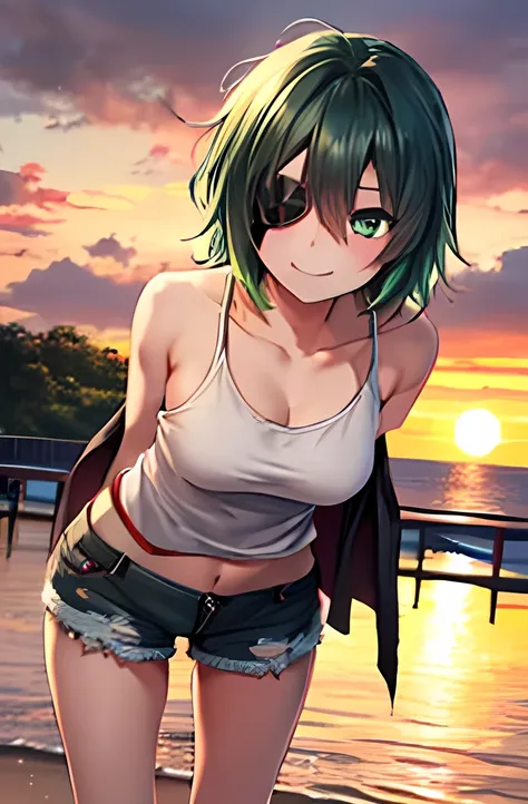  one girl who is at ease， green hair， shortcut，eyepatch(right eye)， green eyes(left eye) watching here，smile， Modest Breasts ， black tank top，Grey shorts，gray outerwear (Shoulder Bare)，barefoot，sea， standing，sunset，