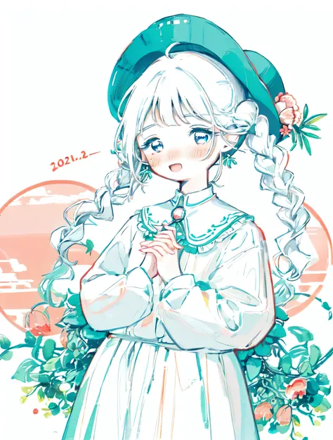 evidence, 1 girl , :d, bangs, , braided , Floral print, flower, hair flower, hair ornament, Long Sleeve , putting their fingers in their lips, open your mouth, simple background, smile, Alone, twin braided s, upper body, White background, White F...