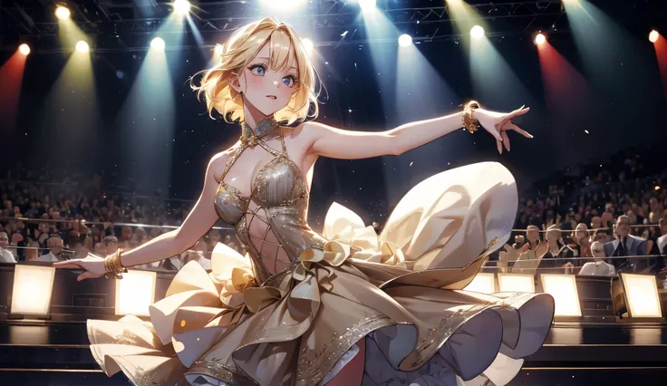 a blonde girl dancing on a glamorous stage