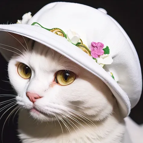 masterpiece, best quality, ultra-detailed, realistic, (1 white cat:1.1),(floral hat),