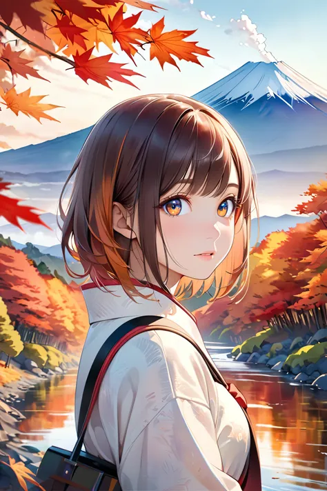 cowboy shot of a stunning woman , her expression filled with awe as she gazes at a breathtaking autumn scenery with Mount Fuji prominently in the background. A serene Japanese autumn landscape unfolds on a clear sunny day, with vibrant maple trees in red, ...