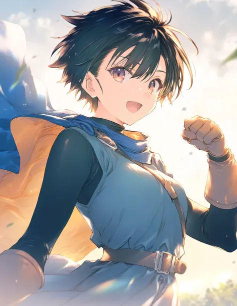 1girl, dragon_quest, tomboy, little female, small breasts, beautiful detailed eyes,open mouth, outdoors,wind, fantasy, game CG, break,((artist:mitsumi_misato)),(artist:fujiyama),(artist:suzumori),(masterpiece), (best quality), (ultra-detailed), very aesthe...