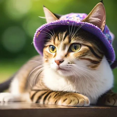 masterpiece, best quality, ultra-detailed, realistic, (1cat:1.1),(floral hat), bokeh