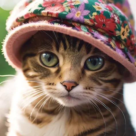 masterpiece, best quality, ultra-detailed, realistic, (1cat:1.1),(floral hat), bokeh