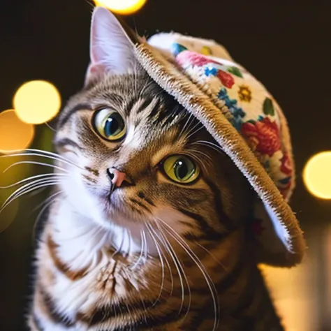 masterpiece, best quality, ultra-detailed, realistic, (1cat:1.1),(floral hat), night view, bokeh