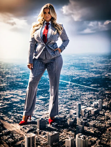 a stylish woman in a light grey pinstriped trouser suit, white shirt, and a large wide  striped necktie in a windsor knot, with ...