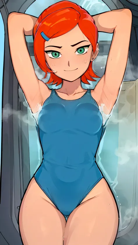 ((best quality)), ((highly detailed)), masterpiece, absurdres, (detailed eyes, deep eyes), (1girl), gwen, hairclip, smiling, blue leotard, hot body , seyy , medium breasts , Thick Thighs, (((From Below))), Looking down , ((steaming body)), (hands behind he...