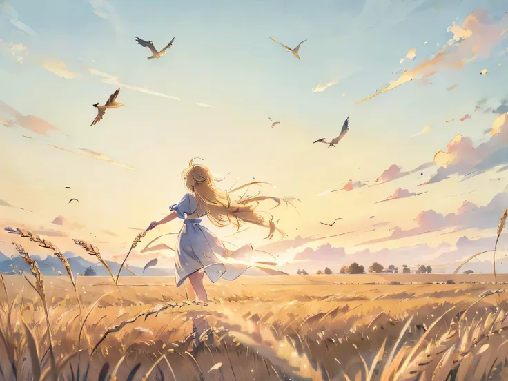 masterpicece, best quaility, Golden wheat field , clear sky, afternoon, Calm breeze , Blonde,  girl, Only the back view is visible , Dreamy,  The bird is flying, Specific background 