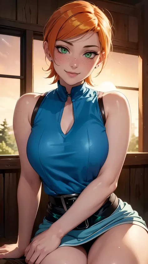 Gwen tennyson,(best qualityer,4K,8k,high resolution,work of art:1.2)(weather: sunset), forest campground background, freckles, denim vest, black shirt, striped sleeves, denim bodycon skirt, pantyhose, belt, boots, short curly hair, ginger hair, ultra detai...