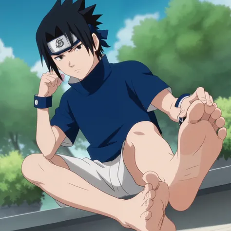 score_9, score_8_up, source_anime,
1boy, Sasuke Uchiha, black hair, short spiky hair, dark eyes, navy blue high-collar shirt, short sleeves, white shorts, alone, looking at viewer, serious expression, standing, cowboy shot, ANIME SCREENCAP, anime coloring,...