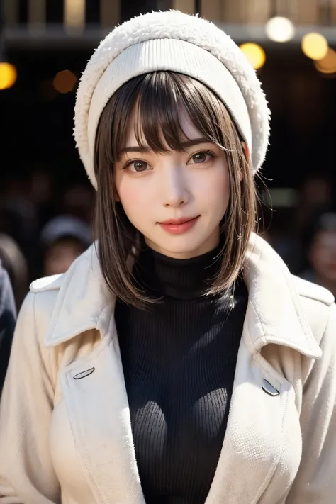 (masterpiece,   best quality ), one girl who is at ease, Alone, Black-haired, scarf,  has , Realistic, Realistic,   the audience, Light-coloured black eyes,   short brunette bob ,   brown coat, Winter clothes, White headscarf, No Lips , Outdoor,  mouth,   ...