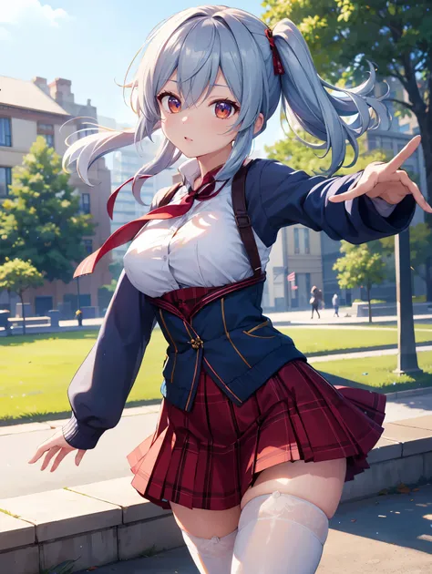 (( best quality)), ( high definition ), (( Very detailed))、(masterpiece)、Im wearing a long cardigan of a genshin character with disheveled, adult-like hair、Im wearing a cute bra and cute panties、(Im wearing knee-high stockings)、(Dancing in the park )、Cute ...