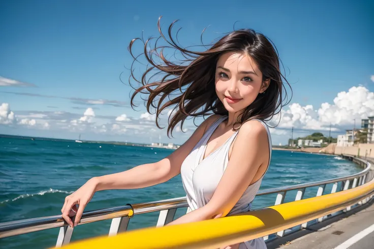 Stunningly beautiful girl, Shes riding next to a convertible, Drive along a beautiful seaside road ,  her hair fluttered so much in the strong wind!