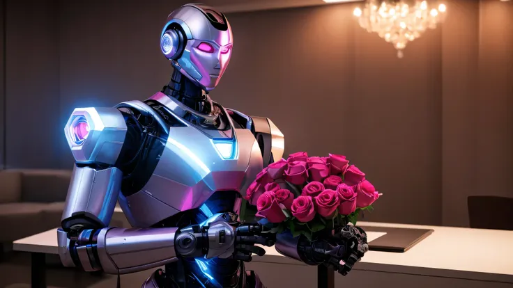 a male robot with a bouquet of pink roses, detailed face, detailed hands, 1 male robot, office environment, bright room, full-length, photorealistic, highres, masterpiece, extremely detailed, octane render, intricate details, cinematic lighting, volumetric...