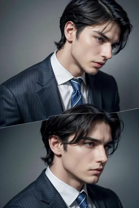  The man in the image has short and well-groomed hair, dark in color,  with a hairstyle for the side ,  that conveys a sophisticated air .  His face has striking features , with fair skin,  defined jaw and serious expression , but professional. He wears a ...