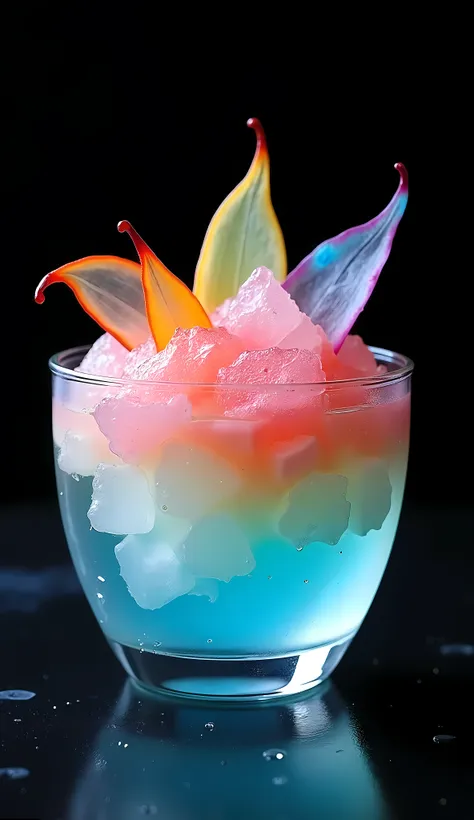 delicate crystal clear shaved ice, paper-thin translucent radish slices in aurora-like shapes cascading over the ice, rainbow-co...