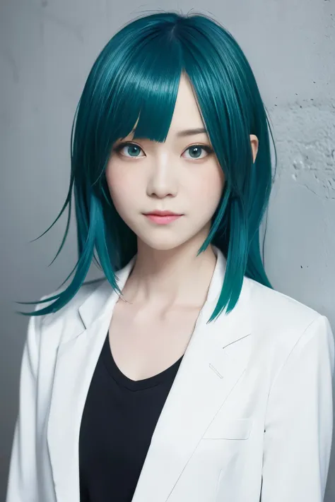 masterpiece,  best quality, ((1 person)), blue hair,Green Eyes, serious expressions, smile,Waist,Line art, Medium Hair , white blazer including , black t-shirt ,Expressionless eyes,(( Kubo Taijin style))