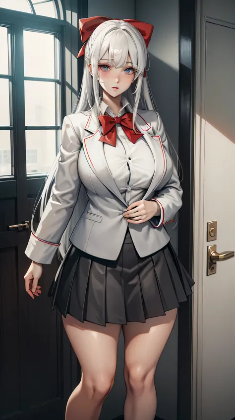 Aria, 1 girl, Lonely, Long Hair, blue eyes, Ahog, bow, People are watching, red bow, jacket, bowtie, Long Sleeve , Chest, shirt, open jacket, red bowtie, door, cowboy shooting , collared shirt, indoors, school uniform, Gray Hair, standing, open c...