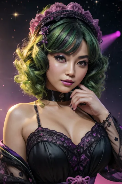 hypnotist, Milady , The Three Musketeers Milady ,  green hair,  Medium Wave Perm , Pink lipstick,  looking at the camera,  face and body face the viewer ,  purple and black two-tone dress,  The background is pink swirling light in outer space,HD quality, (...