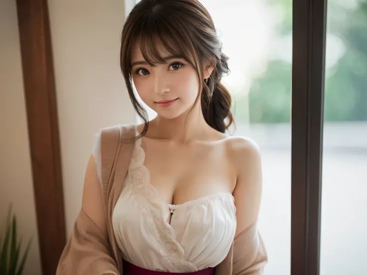 smile、night、  Uncut Pictures  、((( ultimate beautiful portrait )))、(( shiny skin))、***One person、Beautiful  girl from Prague、Bright expression、((  brown hair))、( cleavage)、( flared skirt showing right shoulder:1.5)、((  Big Eyes That Shine Like Jewels ))、 o...