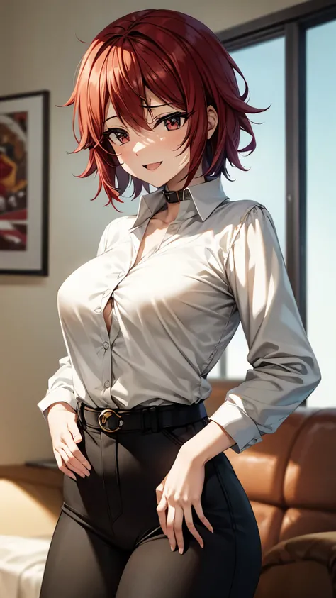 （ super quality, ultra high resolution,16k,super masterpiece,Ultra HD ,Detailed shading and background,）One sexy woman,Pretty short red hair ,（ long-sleeved white shirt with the collar stand up with the button removed, black pants,）smile,Open your lips a l...