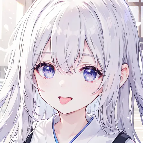 A close-up portrait of her face, depicted in the Japanese anime style, focusing only on the top of her head to her chin. Her mouth is open, and her tongue is sticking out. theres a smear of condensed milk on her cheek. She is an unparalleled beauty with su...