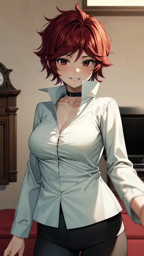 （ super quality, ultra high resolution,16k,super masterpiece,Ultra HD ,Detailed shading and background,）One sexy woman,Pretty short red hair ,（ long-sleeved white shirt with the collar stand up with the button removed, black pants,）smile,Open your lips a l...