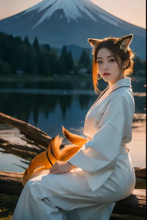 1girll，white young girl, kimono, solo，（tmasterpiece：1.2），beautifuldetails，Extremely colorful，Exquisite details，s delicate face，eyes brown，brown eyes, the details are complex，Realiy，Ultra photo realsisim，A very beautiful girl and a white fox, tail fox，Fox t...