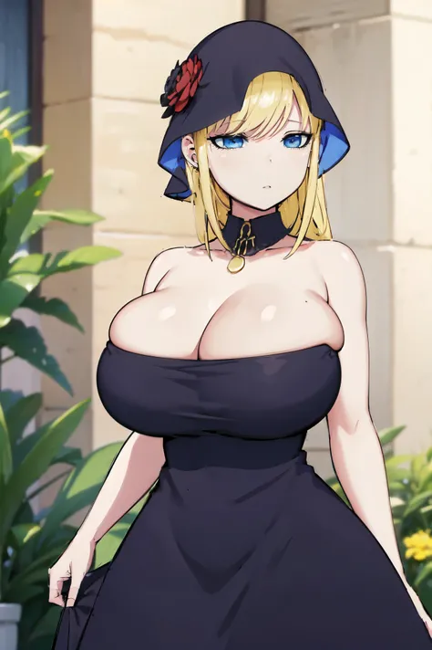 Blonde hair, huge tits   , (((black dress, topless))),  thick, busty, blue eyes, ((upperbody)), emotionless, cleavage, flower garden